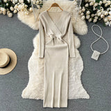 Autumn Sexy Knitted Dress Women V Neck Long Sleeve Slim Maxi Dress Female Autumn Hollow Out Sweater Long Dress