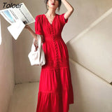 2023 Spring Summer Dress Women Cotton Patchwork Lace Dresses V-Neck Lantern Sleeve Maxi Dress Beach Long Female