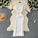Style Temperament Knitting New High-End Collar Single Buckle Short Sleeve Slimming French Style Long