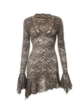 Lace V Neck Trumpet Sleeve Mini Dress-Outfit