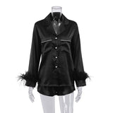Wear Women Soft Feather Home Suit Button Up Top Slim Pants Two Piece Set 2022 Casual Pajama Elegant Lady Homewear