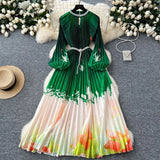 Elegant Dress Women Fashion Nail Ball Collar Hollow Pressure Folding Lantern Sleeves To Print Long