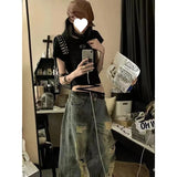 Wasteland Wind Splash Ink Ripped Jeans Women Summer New Water-Washing Straight Tube Trousers