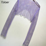 Sparkly Crystal T-shirts Women O-Neck Hollow Out Sexy See Through Tank Tops Night Partywear Crop Shirts Tee Y2K Tops