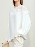 Toloer Chiffon Women's New Elegant Three-Dimensional Lace Pearl Yarn Micro Reveals Shoulder Belt Long-Sleeved Shirts In Spring