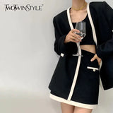 TWOTWINSTYLE Colorblock Two Piece Sets For Female V Neck Long Sleeve Coat With High Waist Skirt Women's Casual Suits Fashion