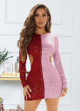 Contrast Color Cut Out Sexy Long Sleeve Sequin Mini Club