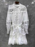 TWOTWINSTYLE Loose Dress For Women Stand Collar Long Sleeve Cut Out Mini Dresses Female Spring Clothing Style New 2022