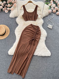 Split Sexy Fashion Two Pieces Suits Summer Mini Camis+Elastic Drawstring Slim Midi Long Skirt Sets Women Solid