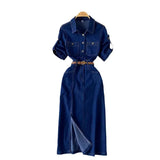Luxury Famous Feudal High-Level Feeling Polo Collar Denim Dress Women Summer Fork Belt Design Niche Temperament