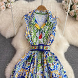 Summer Runway Shirt Dress Women's Notch Collar Sleeveless Blue And White Porcelain Print Lace-Up Belt Pleated Midi