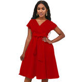 V-Neck Solid Color Waist Bow Tie With Large Swing Dress Dress Dress Dress Dress