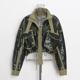 2023 Autumn Women's Autumn jackets New Fashion Round Neck Loose Zipper Pocket Long Sleeve Sequined Short Coat Female