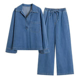 Wind High-End Retro Lapel Long-Sleeved Cowboy Topess 2025 Autumn Dress High-Waisted Casual Broad-Legged Straight