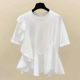 White Ruffle Trim T Shirt For Women Round Neck Short Sleeve Loose Solid Minimalist T Shirts Female Fashion