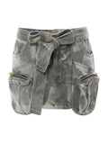 Fashion Three-dimensional Zipper Pocket Skirt Camouflage Low Waist Mini Denim Skirts With Belt Summer 2023 New