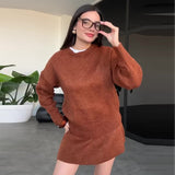 Solid Color Round Collar Loose Blouse Simple Dress Set In Autumn