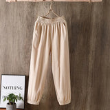 Spring Summer Casual Cotton Linen Pants Women Elastic Waist Solid Pockets Retro Loose Women's Harem Pants Trousers