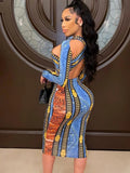 Print Cut Out Sexy Long Sleeves Long Bodycon Party