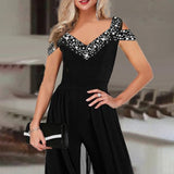 Women New Summer 2023 One Piece Solid Casual High Waist Jumpsuit V Neck Wide Leg Long Pants Overalls Office Lady