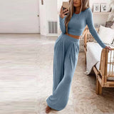 Women's Tracksuit Solid Basic Women T-shirt And Wide Leg Pants Loungewear Matching Sets Outfits Two Piece Set Jogging