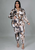 Print Blouse and Pants Plus Size Two Piece