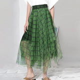 TWOTWINSTYLE Patchwork Sheer Mesh Midi Skirt For Women High Waist Loose Plaid Colorblock Irregular Hem Skirts Female Clothes