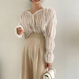 Graduation party gift Korean Fashion Pleated Casual Blouse Women Summer New Loose Folds Perspective Chiffon Shirt Long Sleeve Tops Blusas