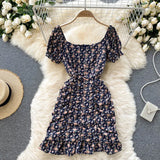 2021 Summer Chiffon Floral Dress Women Sexy Short Beach Dresses French Boho Daisy Print Vacation Party Ruched