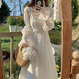 Summer Chiffon Fairy Midi Dress Women Casual Long Sleeve French Vintage Dress Party Female Elegant One Piece Dress