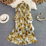 Spring Autumn Bohemian Women Tie Dye Printed Pleated Long Dress Boho Stand Collar Puff Sleeve High Waist Draped Maxi Vestido