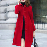 Autumn Women Coat Mid-Length Single-Breasted Solid Color Turn-down Collar Elegant Soft Plus Size Warm Winter