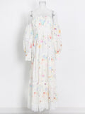 Embroidery Print Summer Dress For Women 2022 Slash Neck Long Sleeve High Waist Midi Dresses Female Clothing