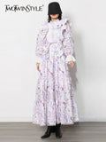 Ruffle Trim Lace Up Bow Spring Dress For Women Stand Collar Long Sleeve High Waist Print Dresses Female 2022