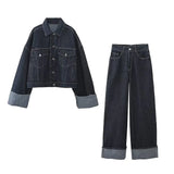 Women's Autumn New Collar Denim Jacket Jacket + Curly-Side Trousers