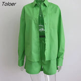 High Street Cotton Linen Shorts 2 Pieces Sets Summer Long Sleeve Shirt Women Tracksuit Elastic Waist Shorts Suits