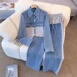 Splicing Fashion Casual Set Spring And Autumn New Long Sleeve Top + Broad Legs Long Pants Two