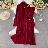 Temperament Long Knitted Shawl Coat + Light Luxury Metal Buckle Vest Dress