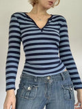 Striped V Neck Long Sleeve Tee-Outfit