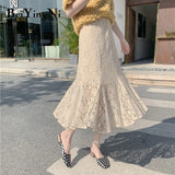 High Waist Skirt Lace White Vintage Fashion Elegant Lining Mermaid Skirts Womens Black Sexy Midi Korean Faldas