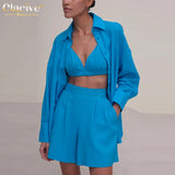 Fashion Long Sleeve Blouse + Bra Womens Three Peice Sets Casual Loose Blue Cotton High Waist Shorts Suits Female