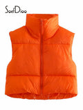 Solid Stand Collar Cropped Waistcoat Puff Vest Women Casual Sleeveless Zipper Jackets Autumn Winter Warm