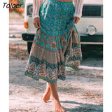Vintage Floral Print Skirt Casual Drawstring Elastic Waist Midi Skirt Boho Hippie Chic Beach Skirts mujer faldas