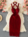 Black/Red Velvet Party Spaghetti Strap Bodycon Dress For Women Autumn Winter Halter Sleeveless Hollow Out Vestidos
