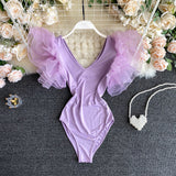 Women Girl Soild V Neck Mesh Ruffle Lotus Leaf Sleeve Bodysuits Swim Beach Holiday Bodysuit Rompers