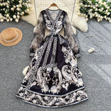 Retro Design Cross V-Neck Yarn Lantern Sleeve Strap To The Belt Print Big Swing Ponve