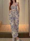 Y2k Floral Two Piece Top Pant Set Women Korean Casual High Street Summer Suits 2023 Elegant Mini Top Long Wide Leg