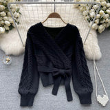 Autumn Bow Tie Retro Sweater Gentle V Neck Cross Elastic Slim Long Sleeve Female Streetwear Solid Knitted