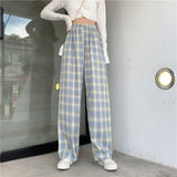 Women Plaid Pants Loose Wide Leg Trousers Korean Style Oversize Retro Teen Straight Trousers Female Long Pants