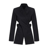 Women Black Cross Bandage Short Blazer New Lapel Long Sleeve Loose Fit Jacket Fashion Tide Spring Autumn 2023